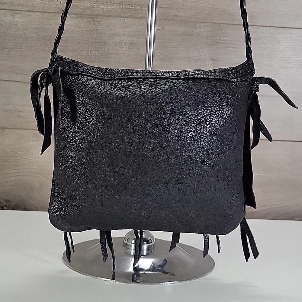 Patricia Wolf Black Studded Leather Crossbody Bag with Turquoise Cross Accent